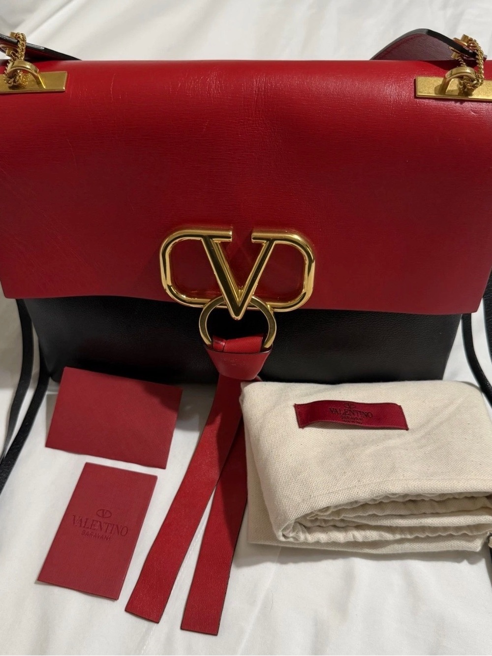 Valentino Garavani Red and Black V-Logo Leather Shoulder Bag with Gold Hardware